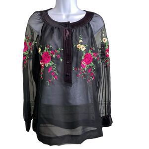 Vintage‎ Scene II Jonathan Logan Sheer Floral Embroidered Nymphet Blouse Size 10
